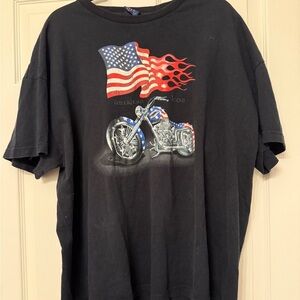 Black Graphic T-Shirt with American Flag and Motorcycle Design